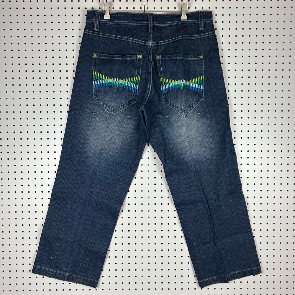 Southpole Baggy Jean 36x30 Blue Denim Colorful Stitched Back Pockets Skater RARE